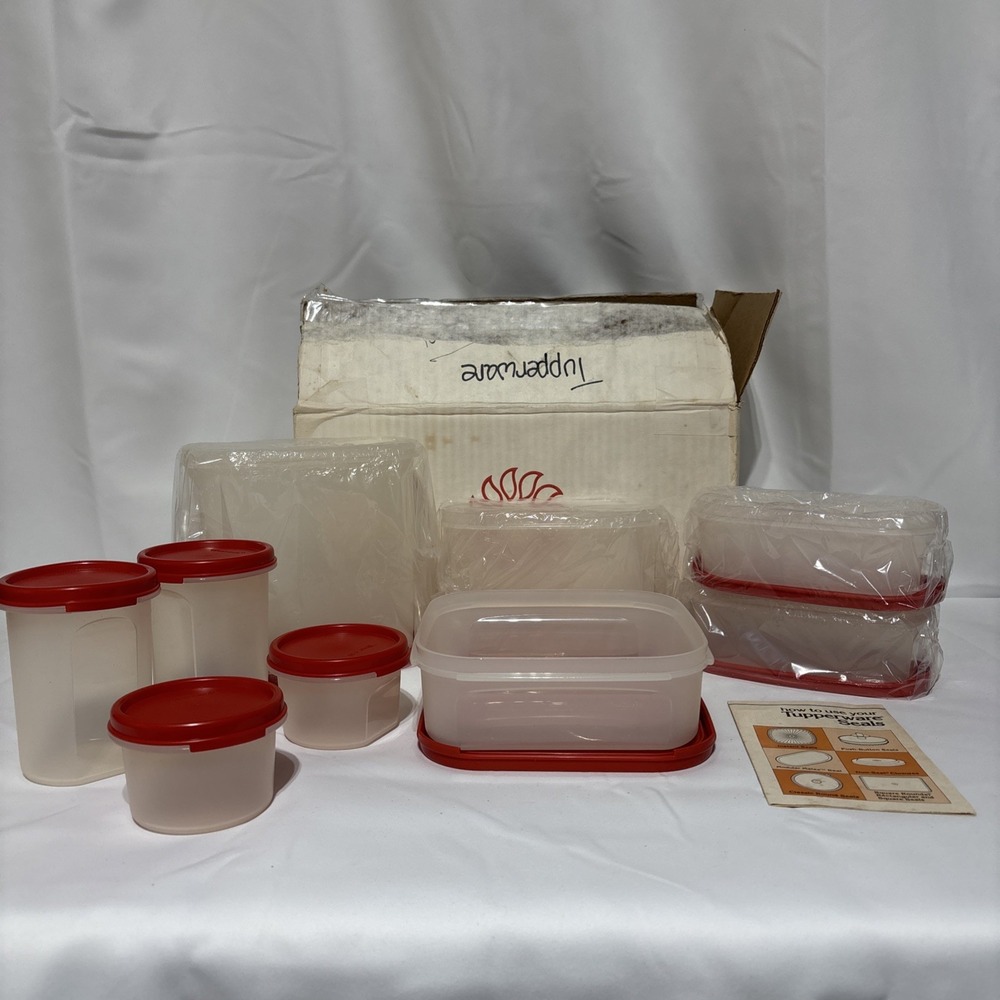 Vtg New Tupperware‎ 9 Pieces W/Lids #1619 #1605 Orange Tops W/Box Various Sizes